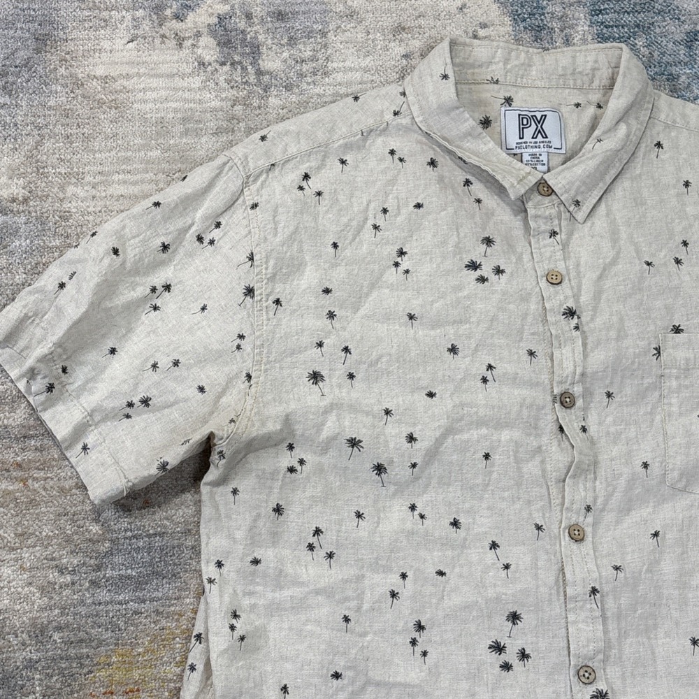Mens Linen Blend Shirt XL Palm Tree‎ Print Beach Tropical Button Up Short Sleeve